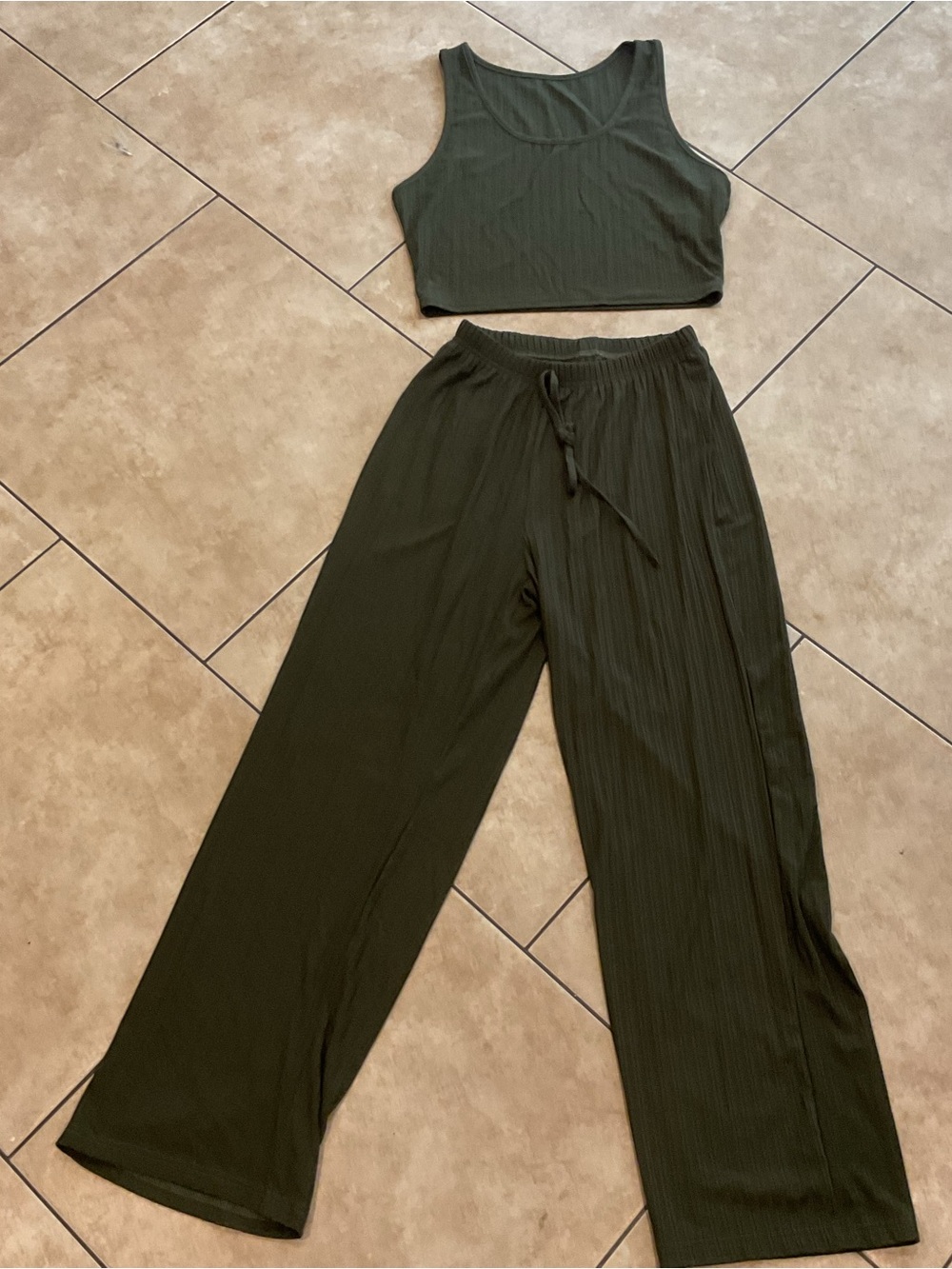 Women's Olive Ribbed Wide-Leg Lounge 2 piece set